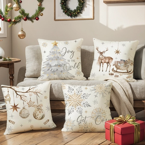 Fundas De Cojines De Navidad Poliéster Textura Lino Reno Copos De Nieve Cremallera Oculta Decoración Sofá Fiesta