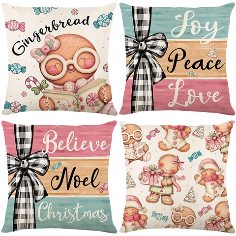 Federa Natalizia con Omino di Pan di Zenzero in Poliestere Decorativa Quadrata Joy Peace Love Noel Xmas Home Decor per Divano