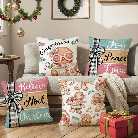 Federa Natalizia con Omino di Pan di Zenzero in Poliestere Decorativa Quadrata Joy Peace Love Noel Xmas Home Decor per Divano