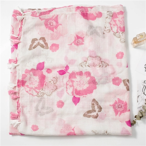 Écharpe Femme Coton Lin Châle Imprimé Papillon Floral Protection Solaire Légère Avec Glands Style Vintage