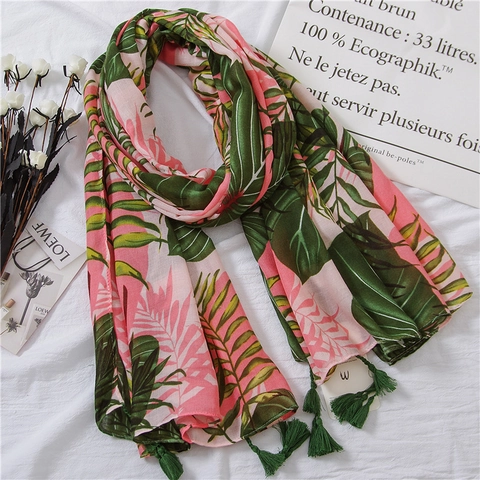 Women Tropical Leaf Print Cotton Scarf Shawl Lightweight Vacation Holiday Sun Protection Shawl With Tassels