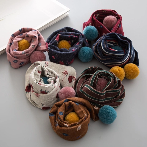 Kids Cotton Scarf With Colorful Pom-Poms Korean Style Floral Stripe Printed Neckerchief For Children Boys Girls Baby Decor