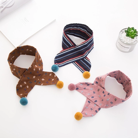 Kids Cotton Scarf With Colorful Pom-Poms Korean Style Floral Stripe Printed Neckerchief For Children Boys Girls Baby Decor