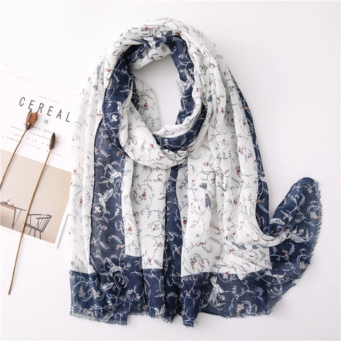 Sjaal Met Bloemen En Vogelprint Dames Lichtgewicht Polyester Katoen Linnen Gevoel Sjaal Strand Zonnebrandcrème Tassel Wrap