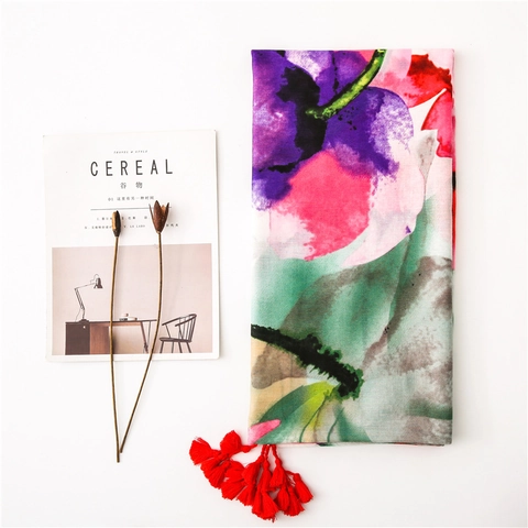 Grote Sjaal Met Bloemenprint Polyester Gesatineerd Katoen Zonbescherming Strandsjaal Met Kwastjes Boho Stijl Voor Dames