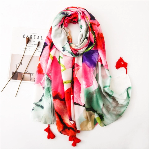 Grote Sjaal Met Bloemenprint Polyester Gesatineerd Katoen Zonbescherming Strandsjaal Met Kwastjes Boho Stijl Voor Dames