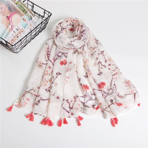 Women Floral Print Tassel Scarf Lightweight Cotton Linen Blend Sun Protection Shawl Elegant Wrap
