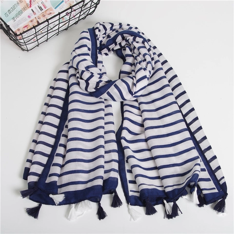 Women's Blue And White Striped Scarf Cotton Twill Long Shawl With Dual-Color Tassels Fashion Sun Protection Wrap For Daily Travel