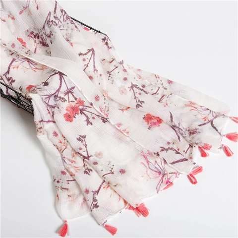 Women Floral Print Tassel Scarf Lightweight Cotton Linen Blend Sun Protection Shawl Elegant Wrap