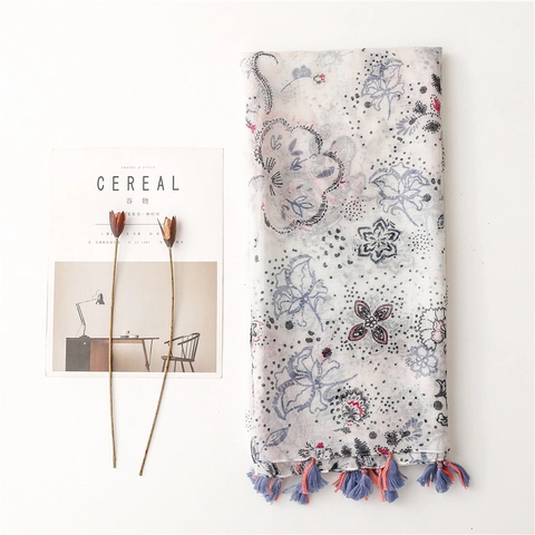 Women Scarf Shawl Cotton Linen Feel Paisley Floral Print Tassel Sun Protection Japanese Sweet Bohemian Thin Travel