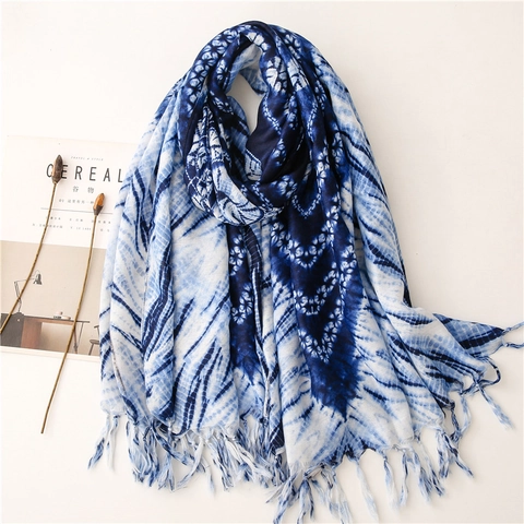 Ethnic Tie Dye Mandala Scarf Women Bohemian Cotton Linen Tassel Shawl Vintage Pattern Beach Sun Protection Travel Scarf