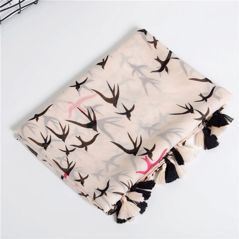 Sciarpa Scialle Da Donna In Cotone Mercerizzato Stampa Uccello Rondine Con Nappe Morbida Leggera Versatile Stile Pastorale