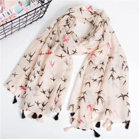 Sciarpa Scialle Da Donna In Cotone Mercerizzato Stampa Uccello Rondine Con Nappe Morbida Leggera Versatile Stile Pastorale