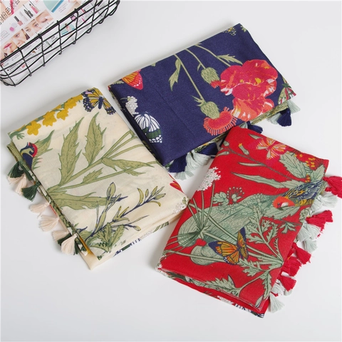 Women Long Scarf Shawl Twill Cotton Floral Bird Butterfly Print With Tassels Retro Pastoral Sun Protection Beach Travel