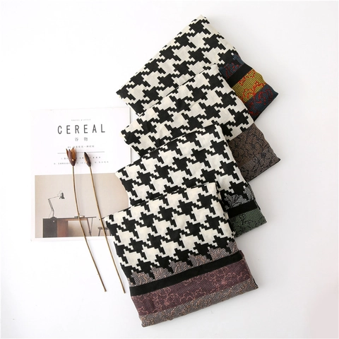 Houndstooth Scarf Shawl Women Polyester Cotton Linen Feel Vintage Lace Stitching Elegant Long Wrap Autumn Winter