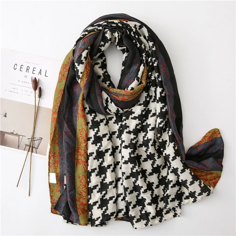 Houndstooth Scarf Shawl Women Polyester Cotton Linen Feel Vintage Lace Stitching Elegant Long Wrap Autumn Winter