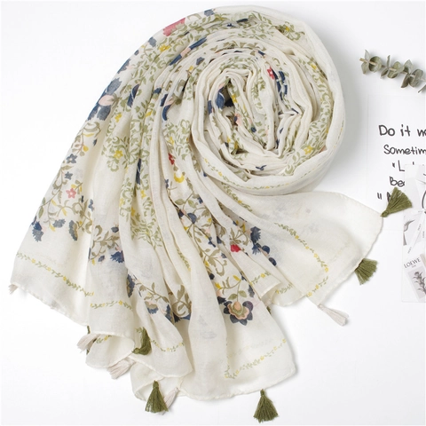 Sciarpa In Cotone E Lino Con Stampa Floreale Da Donna Leggera Traspirante Motivo Floreale Con Nappe Elegante Scialle