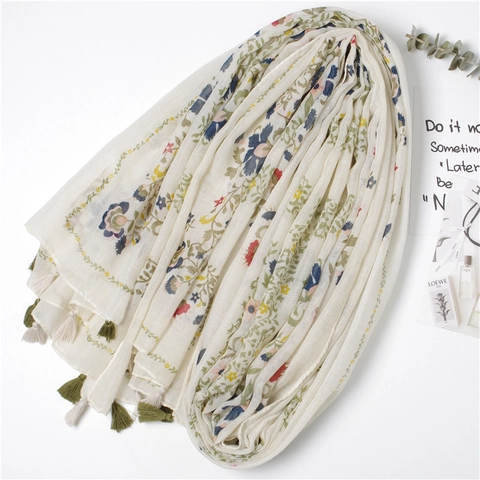 Sciarpa In Cotone E Lino Con Stampa Floreale Da Donna Leggera Traspirante Motivo Floreale Con Nappe Elegante Scialle