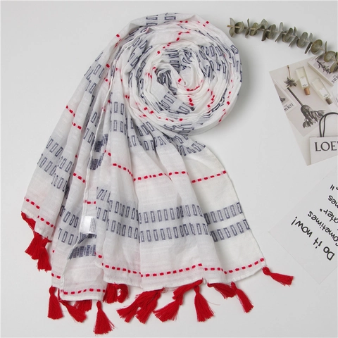 Lightweight Scarf Shawl Breathable Cotton Linen Striped Red Tassel Sunscreen Travel Beach For Women Elegant Fresh