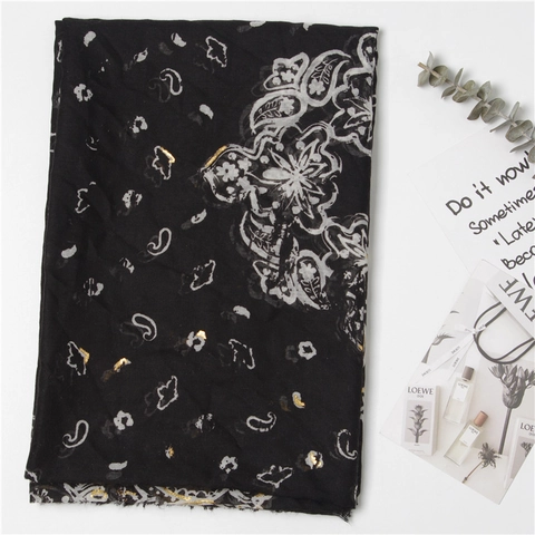 Vintage Paisley Floral Print Scarf Gold Foil Stamping Lightweight Shawl With Frayed Edges For Women Elegant Wraps