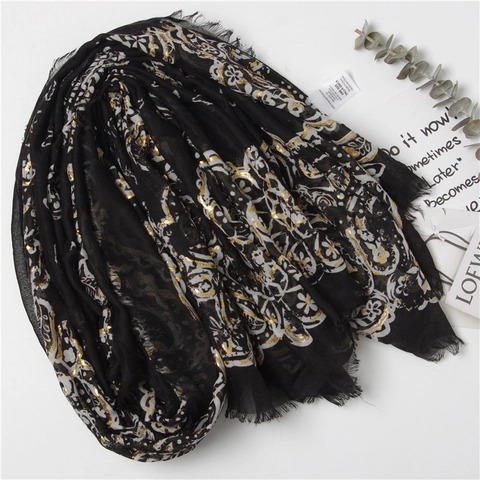 Vintage Paisley Floral Print Scarf Gold Foil Stamping Lightweight Shawl With Frayed Edges For Women Elegant Wraps