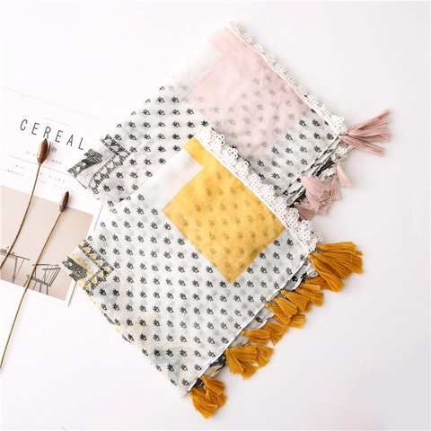Floral Print Square Scarf Shawl Polyester Cotton Linen Feel With Lace Trim And Tassels Boho Beach Wrap For Women