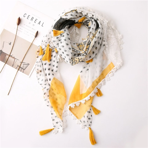 Floral Print Square Scarf Shawl Polyester Cotton Linen Feel With Lace Trim And Tassels Boho Beach Wrap For Women