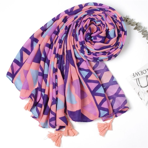 Women Geometric Rhombus Print Scarf Shawl Lightweight Polyester Fabric With Tassels Decorative Sunscreen Beach Wrap