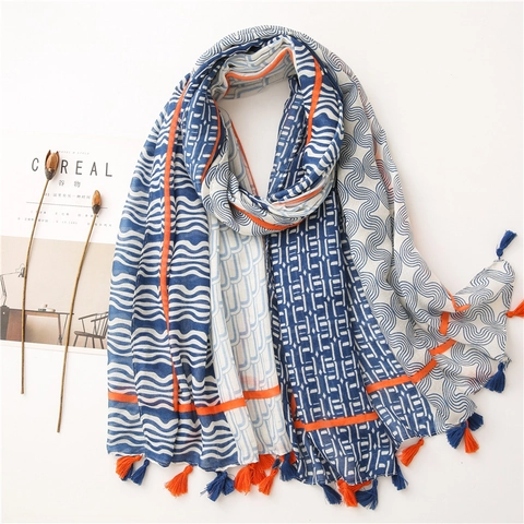 Sciarpa da Donna con Stampa Geometrica Bohemien Scialle Leggero con Nappe Morbido Avvolgente Protezione Solare per Viaggio Mare