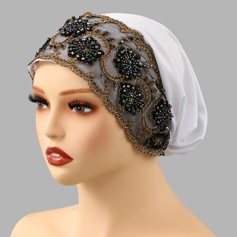 Women Fashion Beaded Lace Turban Hat Versatile Elastic Head Cover Chemo Cap Daily Elegant Headwear Accessory