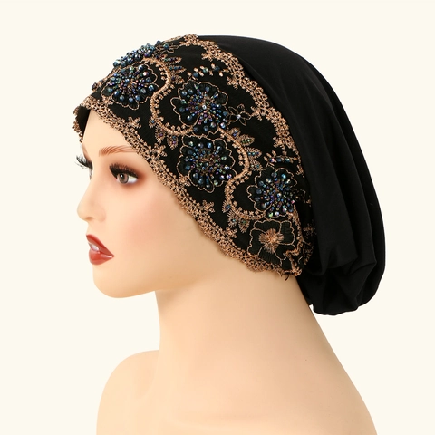 Cappello Turbante Ricamato Perline Donna Pizzo Etnico Elastico Floreale Foulard Accessorio Hijab Musulmano Morbido Decorativo