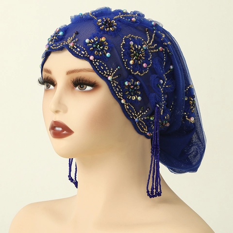 Women Beaded Turban Cap Mesh Headscarf With Tassels And Sequins Ethnic Hollow Out Vintage Headwrap Polyester