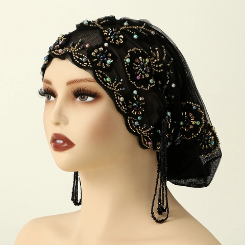 Women Beaded Turban Cap Mesh Headscarf With Tassels And Sequins Ethnic Hollow Out Vintage Headwrap Polyester