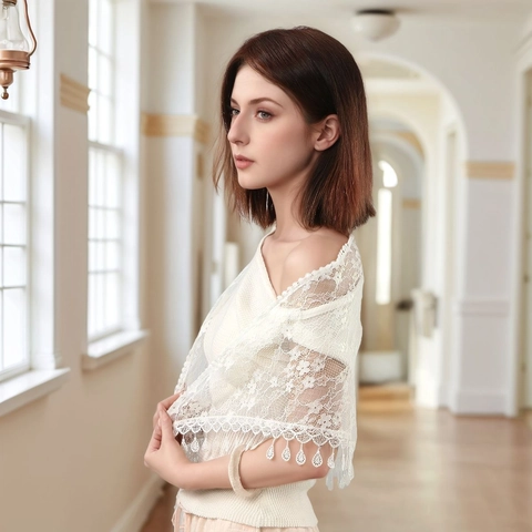 Women Elegant Floral Lace Shawl Triangular Tassel Scarf Hollow Out Church Veil For Wedding Party Evening Dress Accessory