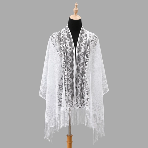 Women's Lace Shawl Scarf With Paisley Floral Pattern Hollow Out Design Long Tassels Elegant Polyester Wrap For Wedding Party