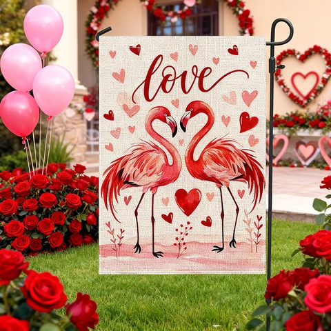 Valentine's Day Garden Flag Double Sided Linen Look Polyester Heart Animals Pattern Outdoor Yard Decorative House Flag