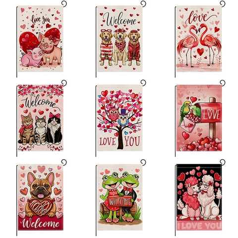 Valentine's Day Garden Flag Double Sided Linen Look Polyester Heart Animals Pattern Outdoor Yard Decorative House Flag