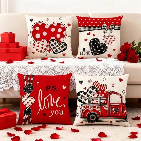 Valentinstag Kissenbezüge Rotes Herz Retro LKW Briefdruck Polyester Leinen Textur Kissenhülle Romantische Wohndeko
