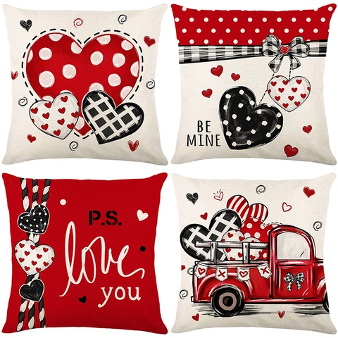 Valentinstag Kissenbezüge Rotes Herz Retro LKW Briefdruck Polyester Leinen Textur Kissenhülle Romantische Wohndeko