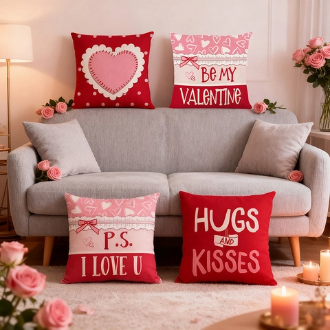 Valentine Day Cushion Covers Heart Pattern Red Pink Love Letter Nordic Style Polyester Linen Pillowcases For Sofa Decor