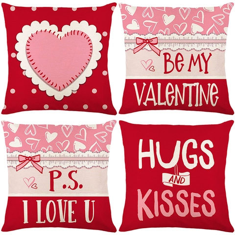 Valentine Day Cushion Covers Heart Pattern Red Pink Love Letter Nordic Style Polyester Linen Pillowcases For Sofa Decor