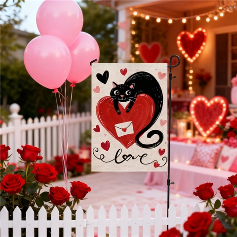 Bandiera da Giardino per San Valentino Motivo a Cuore Finto Lino Stampa Fronte Retro Banner Decorativo per Esterni Con Supporto