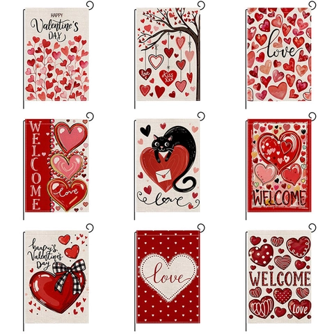 Bandiera da Giardino per San Valentino Motivo a Cuore Finto Lino Stampa Fronte Retro Banner Decorativo per Esterni Con Supporto