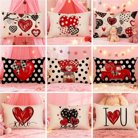 Funda de Almohada Lumbar de Algodón y Lino con Patrón de Corazón San Valentín Amor Romántico XOXO Rectangular Decoración Hogar