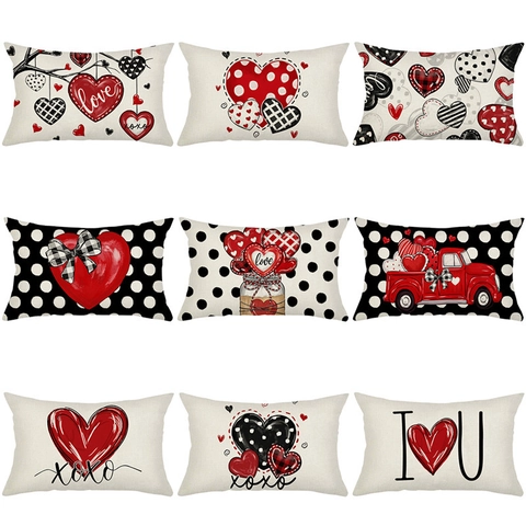 Funda de Almohada Lumbar de Algodón y Lino con Patrón de Corazón San Valentín Amor Romántico XOXO Rectangular Decoración Hogar