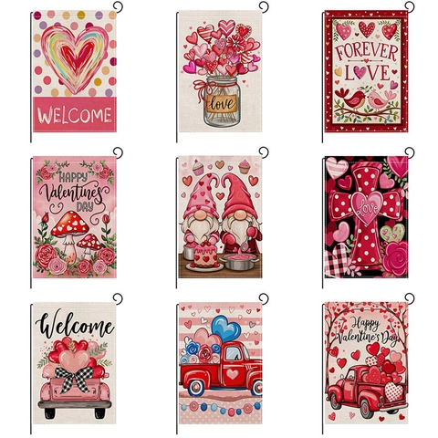 Valentine's Day Garden Flag Double Sided Polyester Faux Linen Yard Flag For Outdoor Home Decoration Heart Love Truck Design Festive Holiday Decor