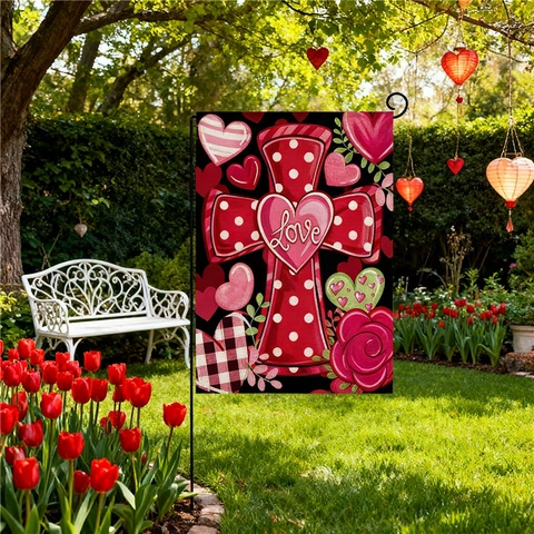 Valentine's Day Garden Flag Double Sided Polyester Faux Linen Yard Flag For Outdoor Home Decoration Heart Love Truck Design Festive Holiday Decor