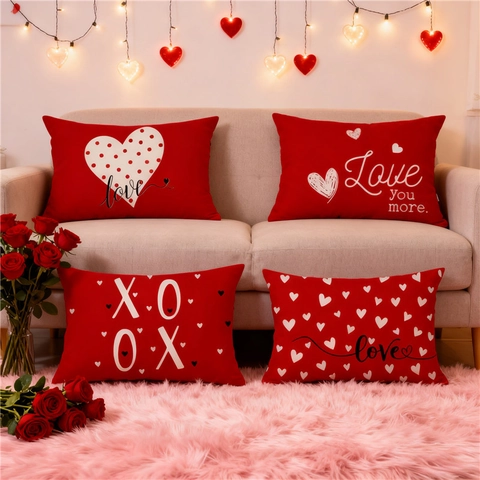 Valentine Day Lumbar Pillow Covers Heart Print Polyester Linen Texture Cushion Case For Sofa Couch Home Decor Romantic Love