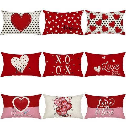 Valentine Day Lumbar Pillow Covers Heart Print Polyester Linen Texture Cushion Case For Sofa Couch Home Decor Romantic Love