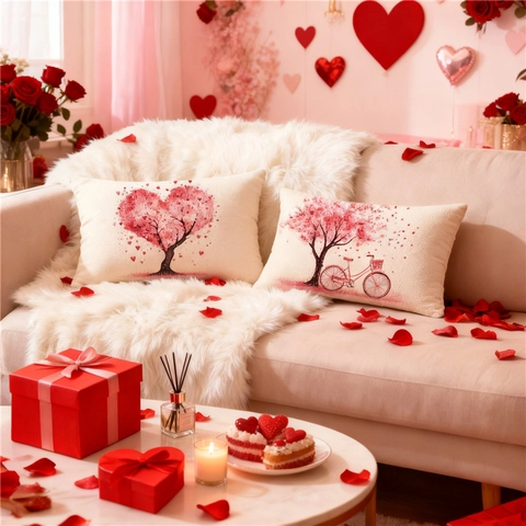 Valentinstag Herz Baum Blumen Druck Lendenkissenbezug Dekorativer Polyester Kissenbezug In Leinenoptik Für Sofa Dekor
